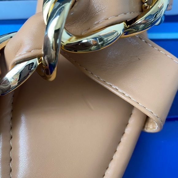 Nude cognac square toe cross cross gold chain hardware flat slide sandals - Picture 10 of 11